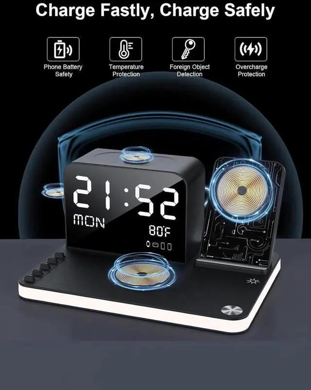 Alt view image 6 of 7 - 7 in 1 Wireless Charging Station for Device Wireless Charger with Night Light Bluetooth TimeSync Temperature 33W Fast Charger for iPhone 16/15/14/13/12 Pro Max Android Phone Airpods Watch