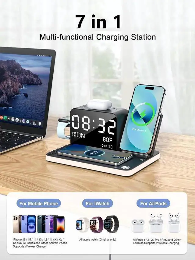 Alt view image 2 of 7 - 7 in 1 Wireless Charging Station for Device Wireless Charger with Night Light Bluetooth TimeSync Temperature 33W Fast Charger for iPhone 16/15/14/13/12 Pro Max Android Phone Airpods Watch