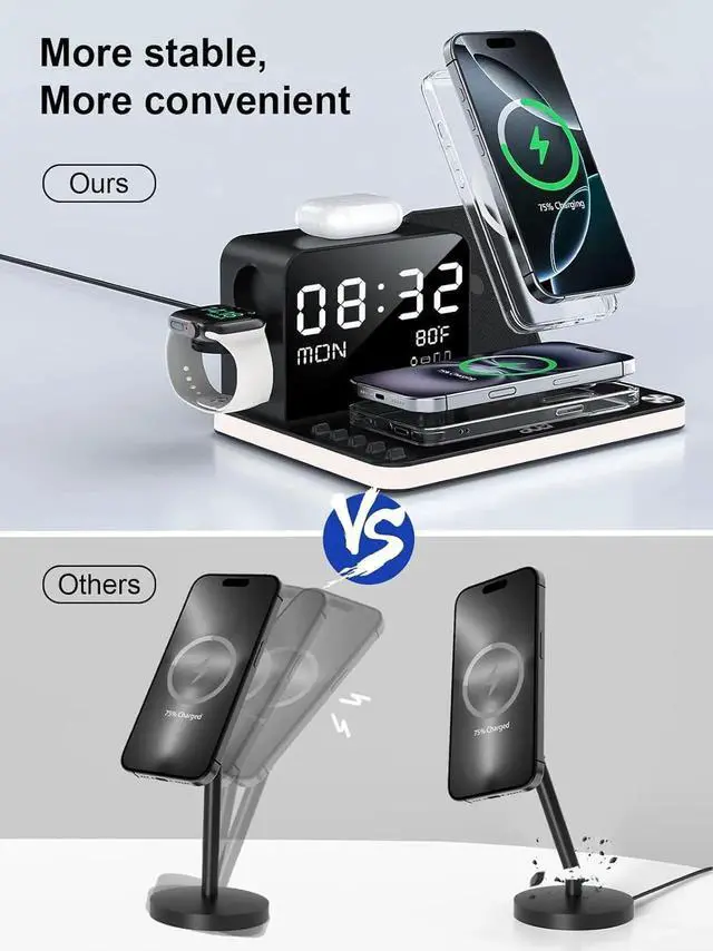 Alt view image 4 of 7 - 7 in 1 Wireless Charging Station for Device Wireless Charger with Night Light Bluetooth TimeSync Temperature 33W Fast Charger for iPhone 16/15/14/13/12 Pro Max Android Phone Airpods Watch