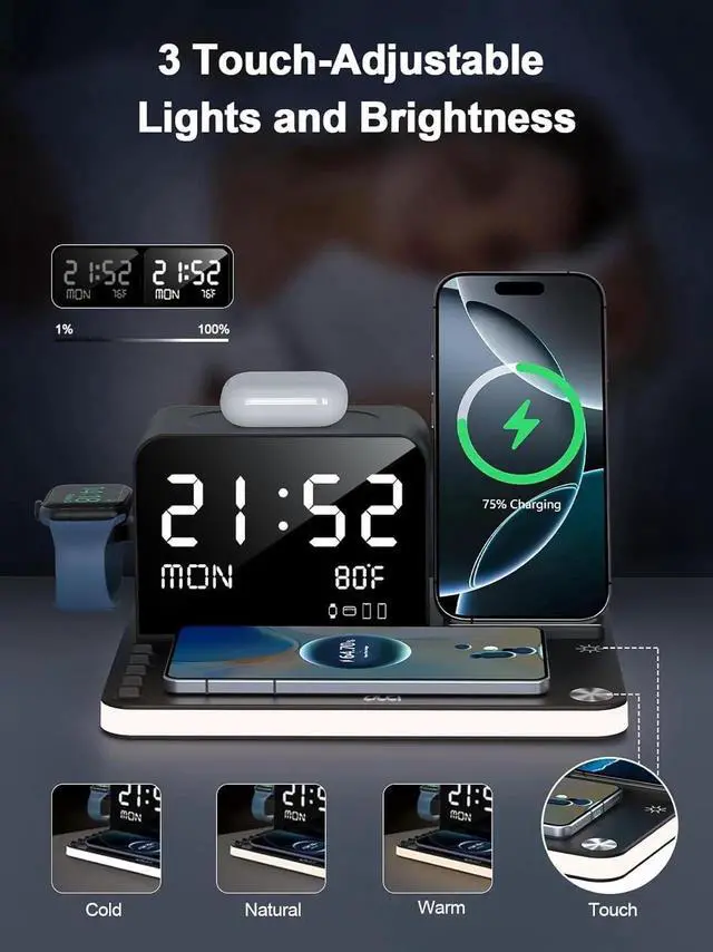 Alt view image 7 of 7 - 7 in 1 Wireless Charging Station for Device Wireless Charger with Night Light Bluetooth TimeSync Temperature 33W Fast Charger for iPhone 16/15/14/13/12 Pro Max Android Phone Airpods Watch
