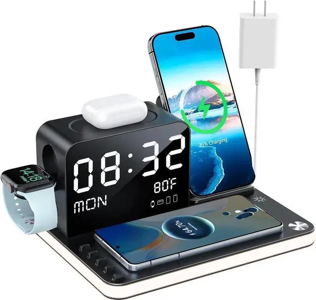 Main image of 7 in 1 Wireless Charging Station for Device Wireless Charger with Night Light Bluetooth TimeSync Temperature 33W Fast Charger for iPhone 16/15/14/13/12 Pro Max Android Phone Airpods Watch