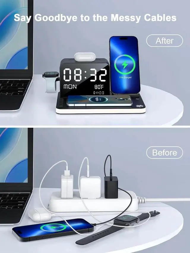 Alt view image 5 of 7 - 7 in 1 Wireless Charging Station for Device Wireless Charger with Night Light Bluetooth TimeSync Temperature 33W Fast Charger for iPhone 16/15/14/13/12 Pro Max Android Phone Airpods Watch