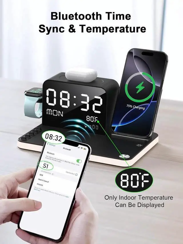 Alt view image 3 of 7 - 7 in 1 Wireless Charging Station for Device Wireless Charger with Night Light Bluetooth TimeSync Temperature 33W Fast Charger for iPhone 16/15/14/13/12 Pro Max Android Phone Airpods Watch