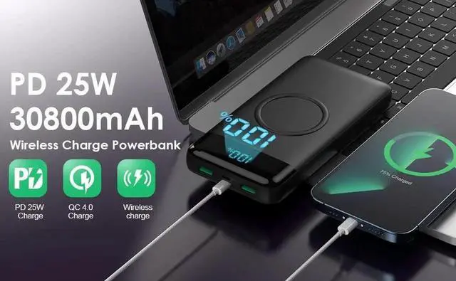 Alt view image 2 of 7 - Wireless Portable Charger 30 800mAh 15W Wireless Charging 25W PD QC4.0 Fast Charging Smart LCD Display USB-C Power Bank 4 Output External Battery Pack Compatible with iPhone 16/15/14/13 etc