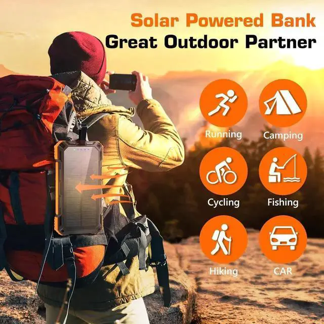 Alt view image 2 of 7 - Solar Charger Power Bank 36000mAh Portable Wireless Charger with USB-C in/Output 15W Fast Charging External Battery Pack Built in 4 Cables Three Inputs Phone Portable Charger (Black-Orange 36000mAh)