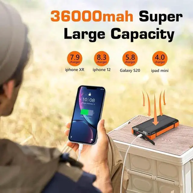 Alt view image 5 of 7 - Solar Charger Power Bank 36000mAh Portable Wireless Charger with USB-C in/Output 15W Fast Charging External Battery Pack Built in 4 Cables Three Inputs Phone Portable Charger (Black-Orange 36000mAh)