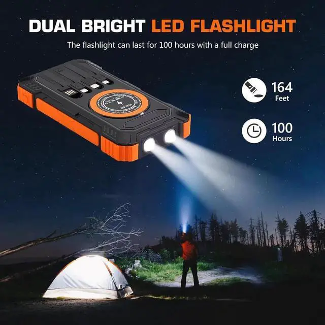Alt view image 6 of 7 - Solar Charger Power Bank 36000mAh Portable Wireless Charger with USB-C in/Output 15W Fast Charging External Battery Pack Built in 4 Cables Three Inputs Phone Portable Charger (Black-Orange 36000mAh)