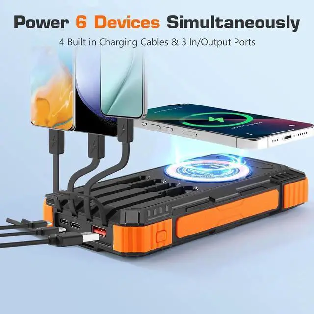 Alt view image 4 of 7 - Solar Charger Power Bank 36000mAh Portable Wireless Charger with USB-C in/Output 15W Fast Charging External Battery Pack Built in 4 Cables Three Inputs Phone Portable Charger (Black-Orange 36000mAh)