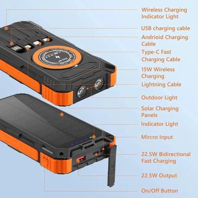 Alt view image 3 of 7 - Solar Charger Power Bank 36000mAh Portable Wireless Charger with USB-C in/Output 15W Fast Charging External Battery Pack Built in 4 Cables Three Inputs Phone Portable Charger (Black-Orange 36000mAh)