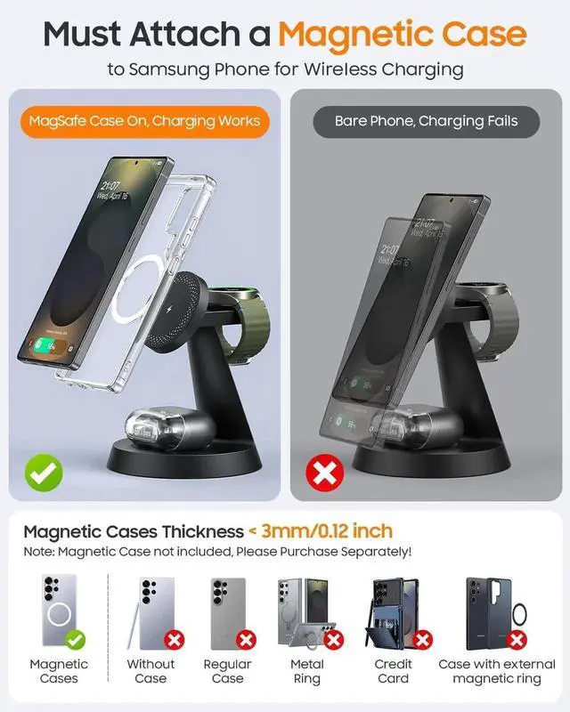 Alt view image 7 of 7 - Magnetic Wireless Charger for 3 in 1 Charging Station Compatible with MagSafe Charger for Galaxy S25 Ultra S24 Z Fold7/Flip7 Watch Charger Stand for Galaxy Watch Ultra 8 7 for Buds