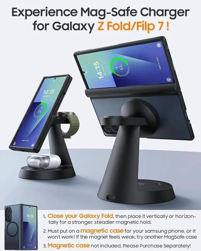 Alt view image 4 of 7 - Magnetic Wireless Charger for 3 in 1 Charging Station Compatible with MagSafe Charger for Galaxy S25 Ultra S24 Z Fold7/Flip7 Watch Charger Stand for Galaxy Watch Ultra 8 7 for Buds