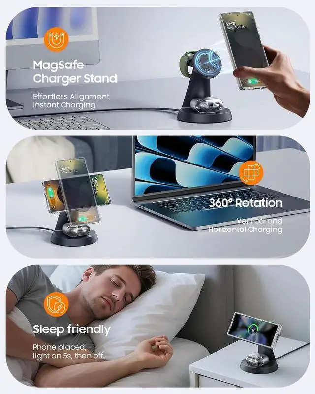 Alt view image 3 of 7 - Magnetic Wireless Charger for 3 in 1 Charging Station Compatible with MagSafe Charger for Galaxy S25 Ultra S24 Z Fold7/Flip7 Watch Charger Stand for Galaxy Watch Ultra 8 7 for Buds