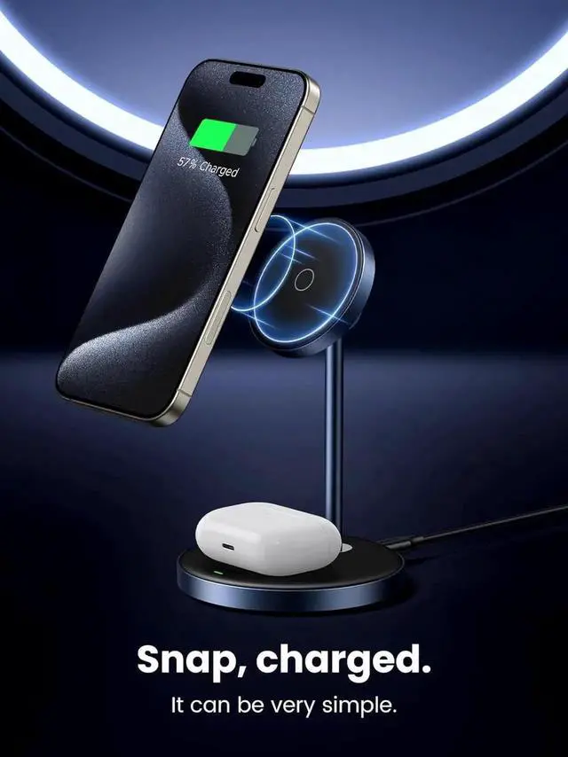 Alt view image 5 of 5 - MagFlow 2-in-1 Magnetic Wireless Charging Station Fast Wireless Charger for iPhone 16 15 14 13 12 Series and AirPods MagSafe Compatible Qi Charging Stand with 3 FT USB-C Cable (No AC Adapter)