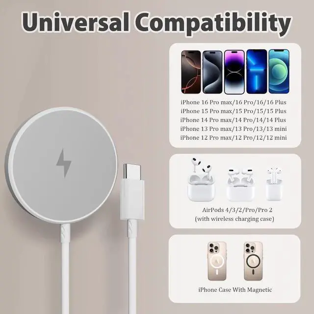 Alt view image 2 of 7 - Long Magnetic Wireless Charger 10FT Fast Mag-Safe Charger for iPhone 16 Pro Max/16 Pro/16 Plus/16/15/14/13/12 AirPods 3/2/Pro 2 Magnetic Charge Pad Cord with USB C Fast Charging Block 2Pack