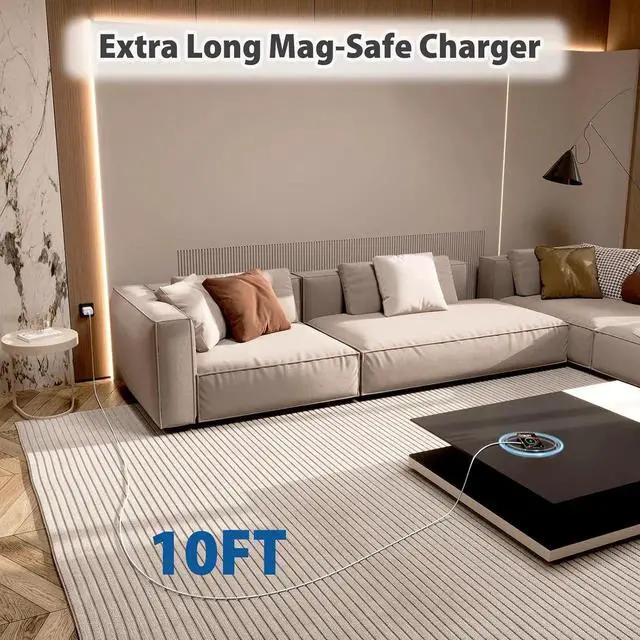 Alt view image 4 of 7 - Long Magnetic Wireless Charger 10FT Fast Mag-Safe Charger for iPhone 16 Pro Max/16 Pro/16 Plus/16/15/14/13/12 AirPods 3/2/Pro 2 Magnetic Charge Pad Cord with USB C Fast Charging Block 2Pack