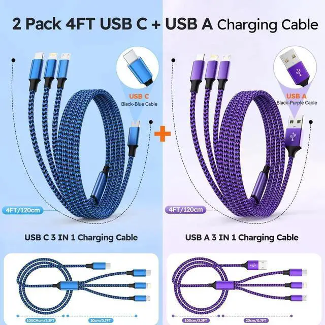 Alt view image 6 of 6 - USB A + USB C Multi Charging Cable 3 in 1 Charging Cable Universal Chargers for Multiple Devices Phone Charger Cord with Type C Micro USB IP Ports for iPhone16/15 Series/Cell Phones (2Pack 4FT)