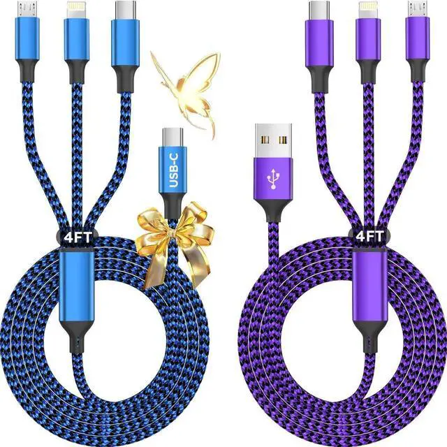 Main image of USB A + USB C Multi Charging Cable 3 in 1 Charging Cable Universal Chargers for Multiple Devices Phone Charger Cord with Type C Micro USB IP Ports for iPhone16/15 Series/Cell Phones (2Pack 4FT)