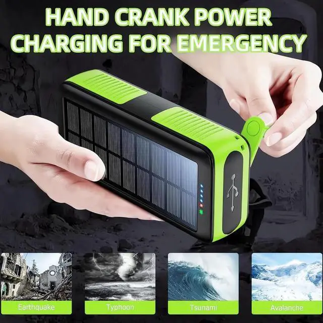 Alt view image 5 of 6 - Solar Power Bank Portable Charger 63200mAh Battery Pack Hand Crank Charger Dual Outputs Inputs 4 LED Flashlight Fast Charging with Built in Cables Power for Phone Camping Emergency Travel (Green)