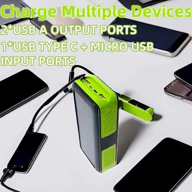 Alt view image 4 of 6 - Solar Power Bank Portable Charger 63200mAh Battery Pack Hand Crank Charger Dual Outputs Inputs 4 LED Flashlight Fast Charging with Built in Cables Power for Phone Camping Emergency Travel (Green)