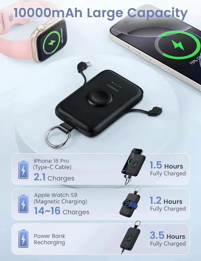 Alt view image 2 of 6 - JAENFONG Portable Charger 10000mAh PD 20W Fast Charging Portable Charger Power Bank with Built in Cables Travel Battery Pack for iPhone 16/15/14/13/12/11 and Watch Ultra/10/9/8/7/6/5/4/3 Black