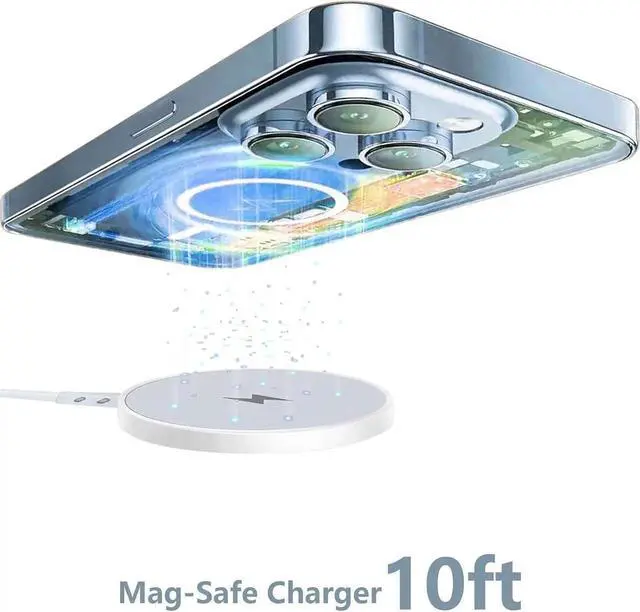 Alt view image 3 of 6 - iPhone Wireless Charger for MagSafe Charger iPhone 16/15/14/13/12/AirPods 15W Long Calbe 10ft Fast Charging Magnetic Pad & Type-c Block for s25 2Pack