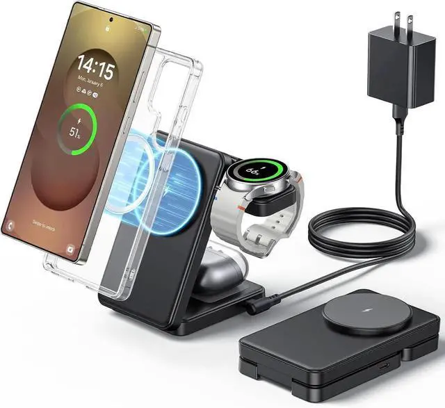 Main image of 3 in 1 Magnetic Foldable Wireless Charger for Fast Mag-Safe Charging Station for Galaxy S25 S24 S23 Ultra Plus/Z Fold/Flip 7/6/5 Charger Stand for Galaxy Watch Ultra /8/7/6/5/Pro for Buds