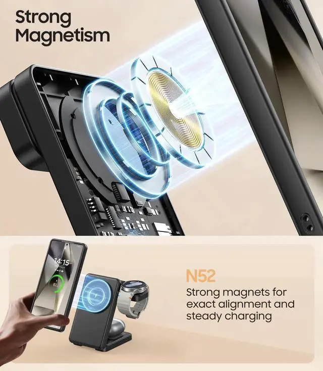 Alt view image 3 of 7 - 3 in 1 Magnetic Foldable Wireless Charger for Fast Mag-Safe Charging Station for Galaxy S25 S24 S23 Ultra Plus/Z Fold/Flip 7/6/5 Charger Stand for Galaxy Watch Ultra /8/7/6/5/Pro for Buds