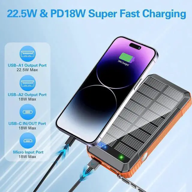 Alt view image 5 of 7 - Power-Bank-Solar-Charger-Wireless Charger 33800mAh Portable Charger 20W Fast Charging External Battery for All Mobile Devices Three Inputs Solar Portable Charger with Dual Flashlights (Orange)