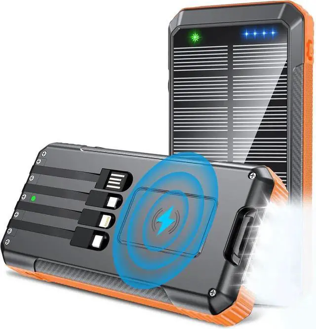 Main image of Power-Bank-Solar-Charger-Wireless Charger 33800mAh Portable Charger 20W Fast Charging External Battery for All Mobile Devices Three Inputs Solar Portable Charger with Dual Flashlights (Orange)