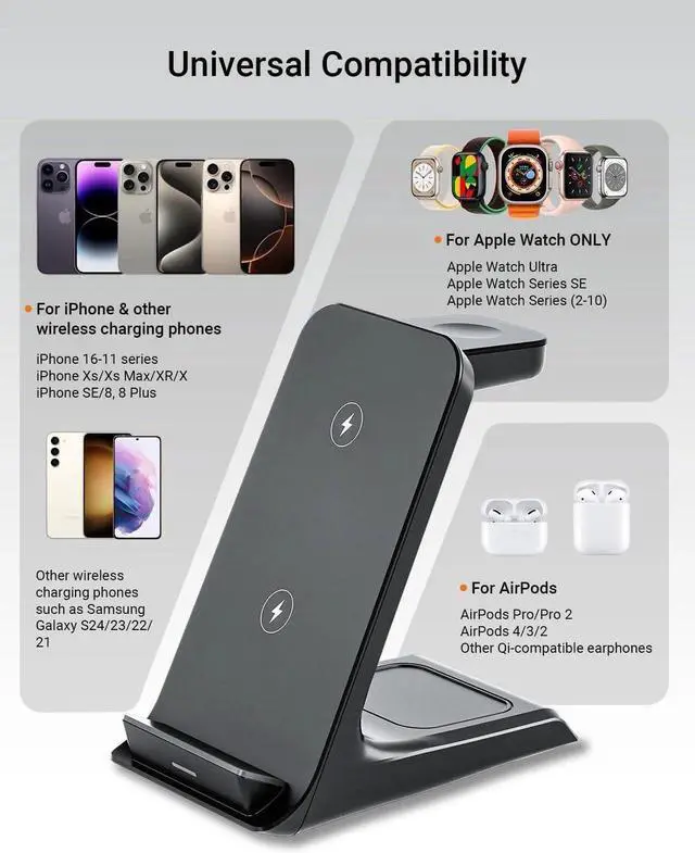 Alt view image 7 of 7 - Wireless Charger for Thick Cases of 10MM/Otterbox/Popsocket Compatible 3 in 1 Charging Dock for iPhone 16 15 14 13 12 Pro Max Charging Station for Multiple Devices for Watch/AirPods