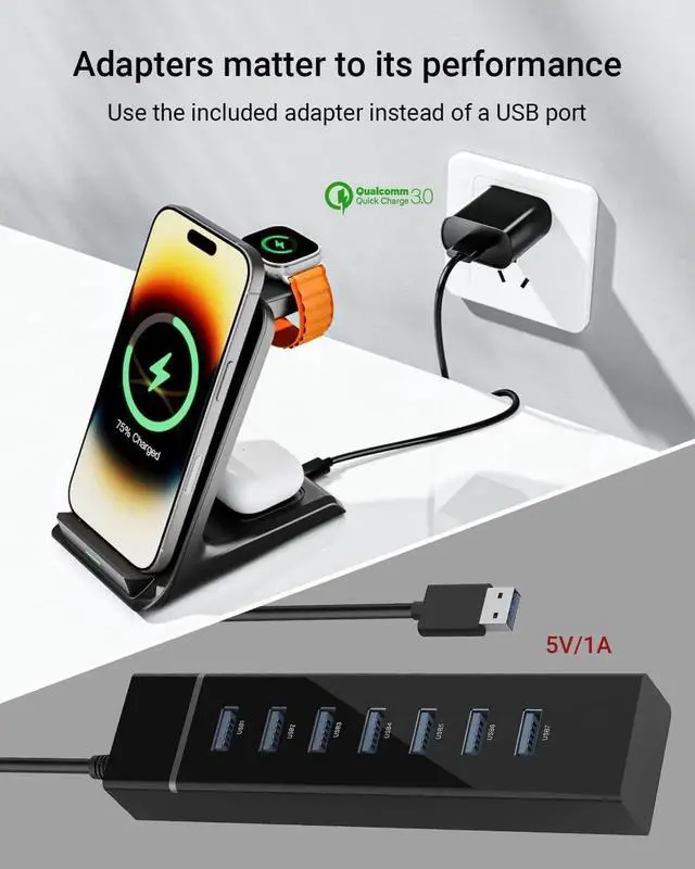 Alt view image 6 of 7 - Wireless Charger for Thick Cases of 10MM/Otterbox/Popsocket Compatible 3 in 1 Charging Dock for iPhone 16 15 14 13 12 Pro Max Charging Station for Multiple Devices for Watch/AirPods