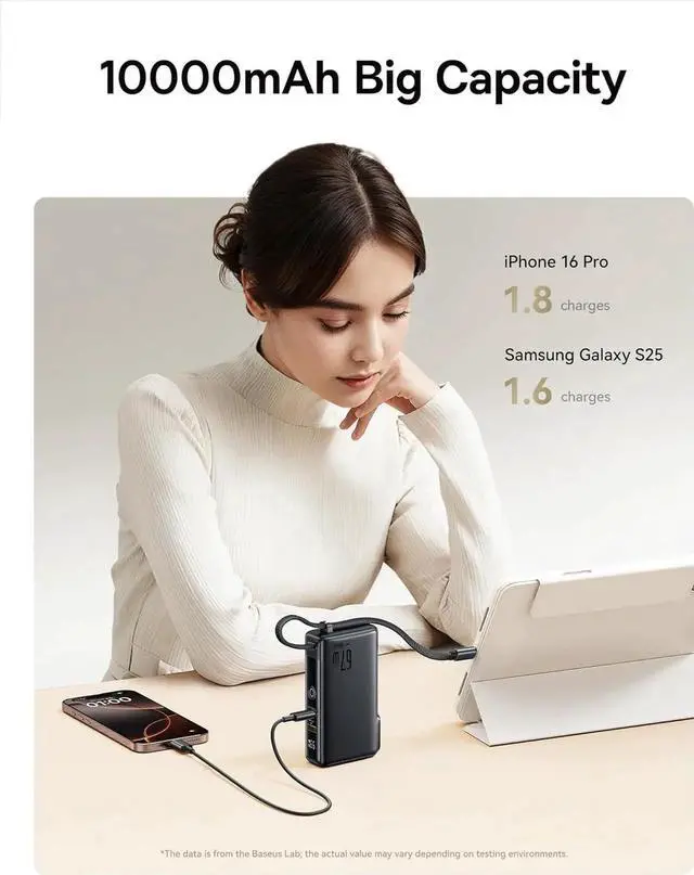 Alt view image 4 of 7 - JAENFONG Nomos Power Bank 67W Foldable Wall Plug and 10 000mAh 35W Portable Charger 3-in-1 Travel Essentials Battery Pack Built-in USB-C Cable for iPhone 16 15 Series MacBook Laptop