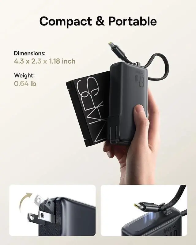 Alt view image 3 of 7 - JAENFONG Nomos Power Bank 67W Foldable Wall Plug and 10 000mAh 35W Portable Charger 3-in-1 Travel Essentials Battery Pack Built-in USB-C Cable for iPhone 16 15 Series MacBook Laptop