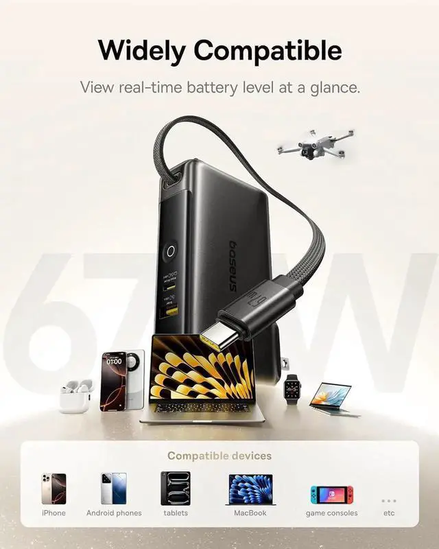 Alt view image 2 of 7 - JAENFONG Nomos Power Bank 67W Foldable Wall Plug and 10 000mAh 35W Portable Charger 3-in-1 Travel Essentials Battery Pack Built-in USB-C Cable for iPhone 16 15 Series MacBook Laptop