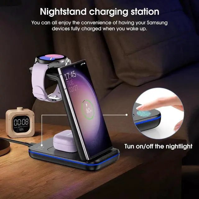 Alt view image 5 of 6 - Wireless Charging Station for /Android Fast Wireless Watch Charger Station Compatible for Galaxy S25 Ultra/S24/S23+/Z Flip 6/5 Fold 6/5 Watch8/7/Pro/Active 2 Galaxy Buds3/2 Pro(Black)