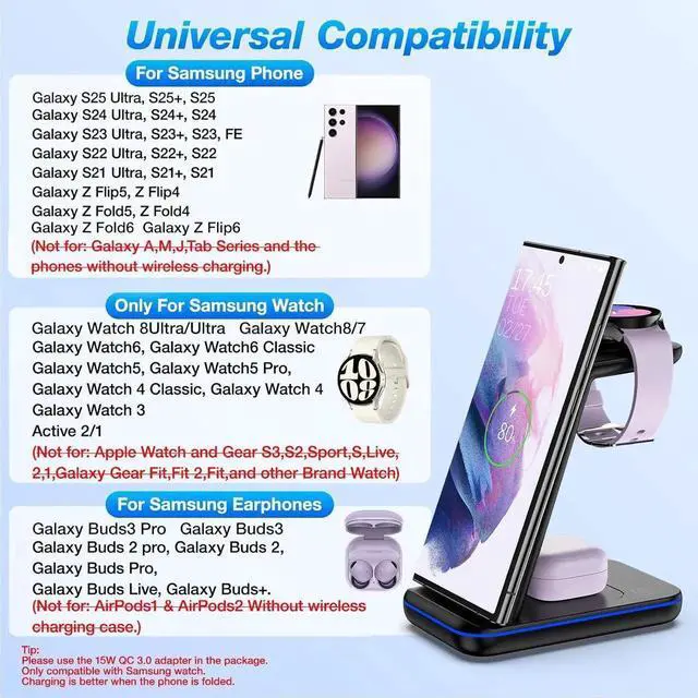 Alt view image 2 of 6 - Wireless Charging Station for /Android Fast Wireless Watch Charger Station Compatible for Galaxy S25 Ultra/S24/S23+/Z Flip 6/5 Fold 6/5 Watch8/7/Pro/Active 2 Galaxy Buds3/2 Pro(Black)