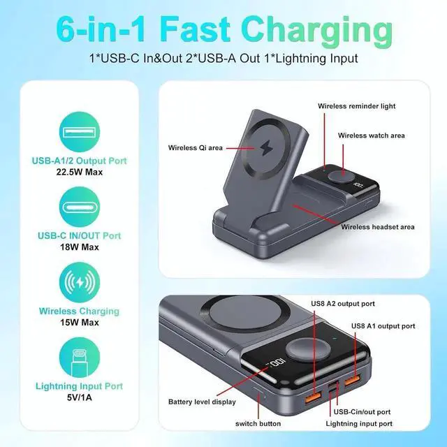 Alt view image 3 of 6 - JAENFONG Magnetic Protable Charger Power Bank: 23800mAh Battery Wireless Charging Stand & LED Display 22.5W Fast Charging Compatible with iPhone 15/14/13 Series Watch AirPods 3/2/Pro