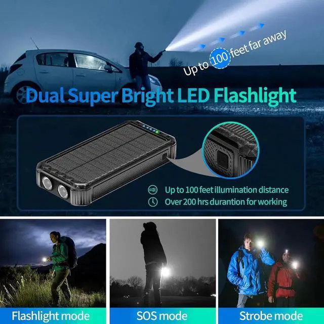 Alt view image 2 of 7 - Solar Portable Charger Power Bank:46800mAh Phone Powered Battery Pack Built-in 3 Cables 15w Fast Charging 4 Output for All Mobile Devices Dual Flashlights&Compass for Travel/Camping/Emergency (Orange)