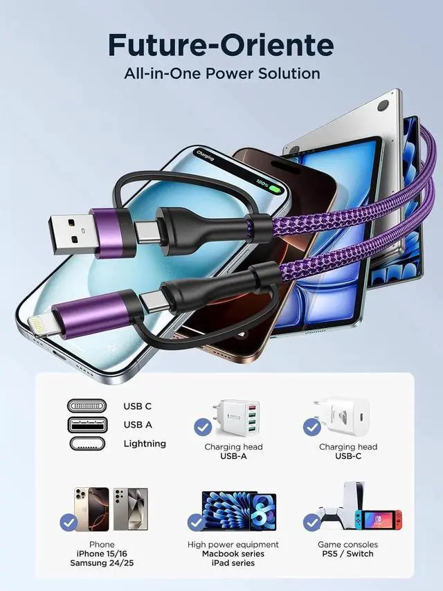 Alt view image 2 of 7 - JAENFONG USB C to Lightning Cable 60W 4 in 1 Fast Charging Cable MFi Certified USB A to Lightning Cord Nylon 6ft USB C to USB C Charger Cord for iPhone 16 15 14 Pro/iPad/ S25/MacBook/Switch 2