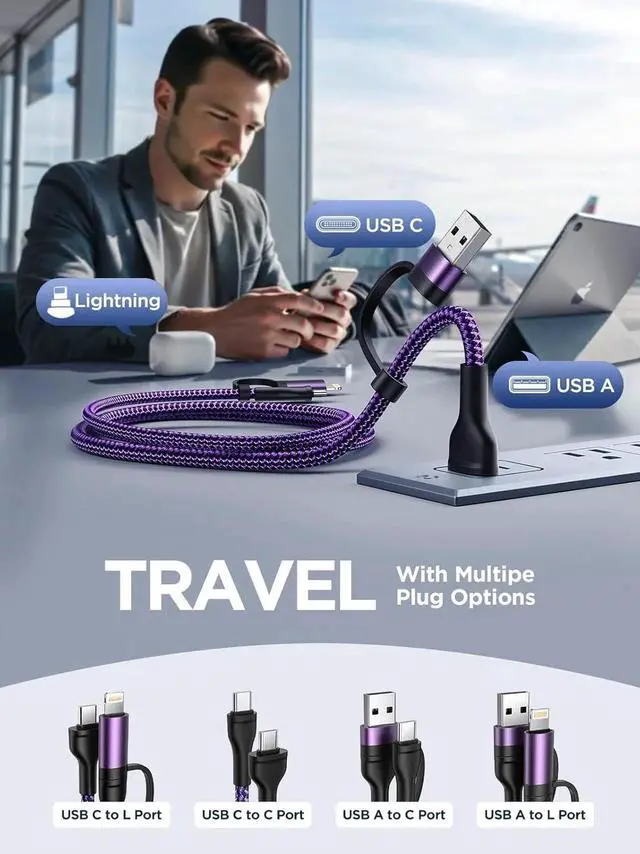 Alt view image 3 of 7 - JAENFONG USB C to Lightning Cable 60W 4 in 1 Fast Charging Cable MFi Certified USB A to Lightning Cord Nylon 6ft USB C to USB C Charger Cord for iPhone 16 15 14 Pro/iPad/ S25/MacBook/Switch 2