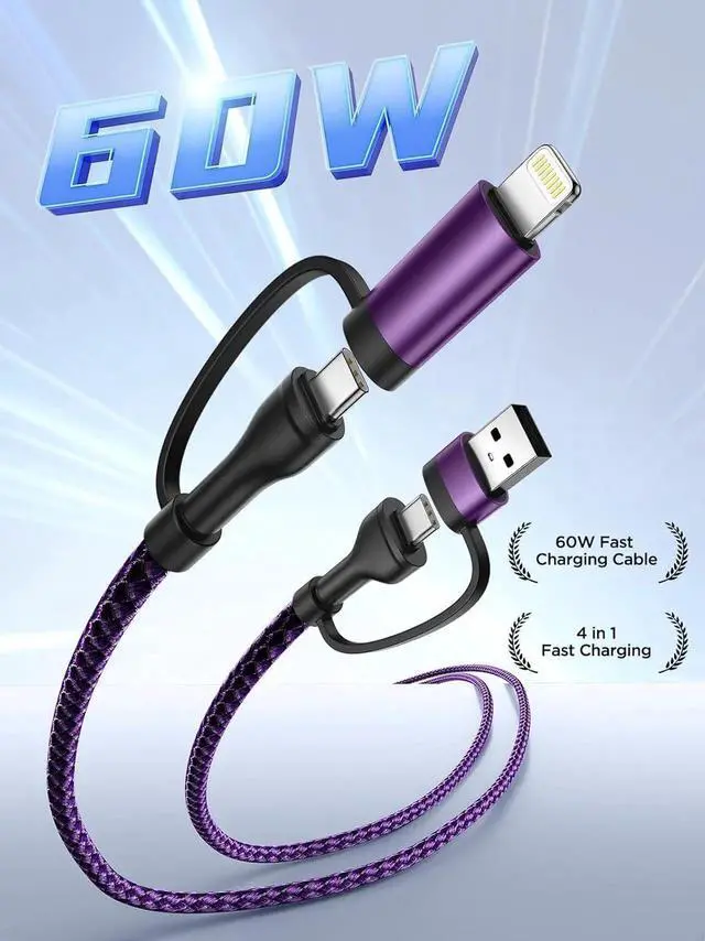 Alt view image 4 of 7 - JAENFONG USB C to Lightning Cable 60W 4 in 1 Fast Charging Cable MFi Certified USB A to Lightning Cord Nylon 6ft USB C to USB C Charger Cord for iPhone 16 15 14 Pro/iPad/ S25/MacBook/Switch 2