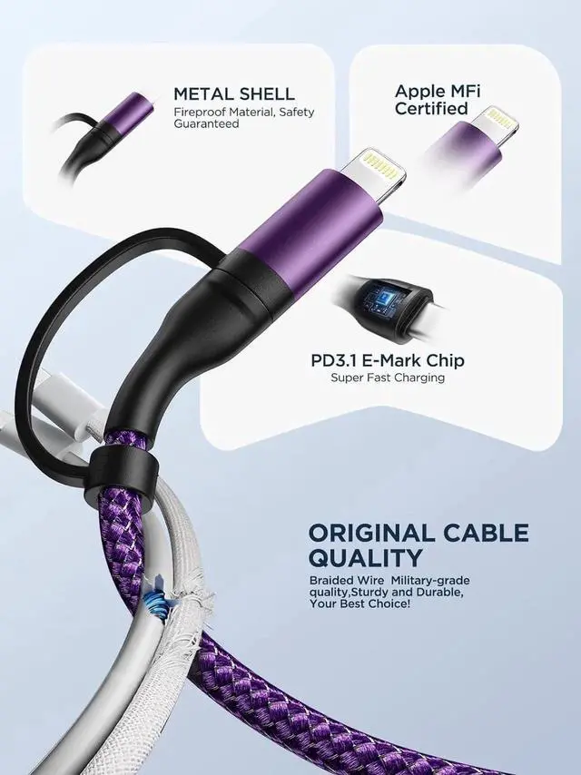 Alt view image 5 of 7 - JAENFONG USB C to Lightning Cable 60W 4 in 1 Fast Charging Cable MFi Certified USB A to Lightning Cord Nylon 6ft USB C to USB C Charger Cord for iPhone 16 15 14 Pro/iPad/ S25/MacBook/Switch 2