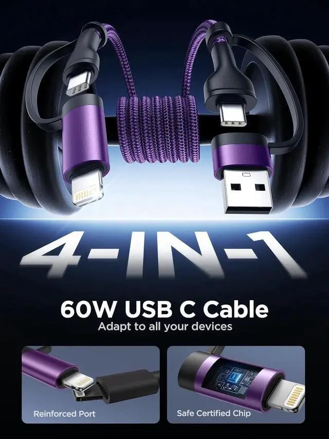 Alt view image 6 of 7 - JAENFONG USB C to Lightning Cable 60W 4 in 1 Fast Charging Cable MFi Certified USB A to Lightning Cord Nylon 6ft USB C to USB C Charger Cord for iPhone 16 15 14 Pro/iPad/ S25/MacBook/Switch 2