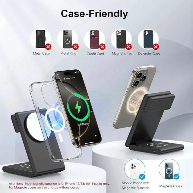 Alt view image 4 of 7 - 3 in 1 Wireless Charging Station for Multiple Devices Fast Foldable Travel Mag-Safe Stand for iPhone 16/15/14/13/12/Series Magnetic Charger for Watch 10/Ultra 2/AirPods 4 with 20W Adapter