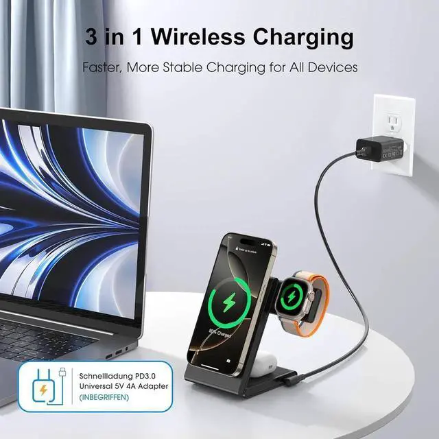 Alt view image 2 of 7 - 3 in 1 Wireless Charging Station for Multiple Devices Fast Foldable Travel Mag-Safe Stand for iPhone 16/15/14/13/12/Series Magnetic Charger for Watch 10/Ultra 2/AirPods 4 with 20W Adapter