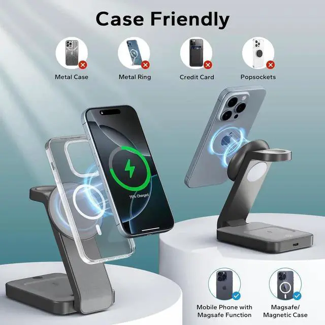 Main image of 3 in 1 Foldable Wireless Charging Station for MagSafe Nightstand Magnetic Charger Stand for iPhone 16 15 14 13 Pro Max Travel Charging Dock with Night Light for Watch/AirPods (Gray)