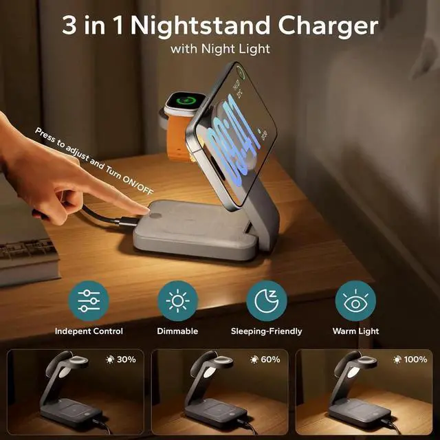 Alt view image 7 of 7 - 3 in 1 Foldable Wireless Charging Station for MagSafe Nightstand Magnetic Charger Stand for iPhone 16 15 14 13 Pro Max Travel Charging Dock with Night Light for Watch/AirPods (Gray)