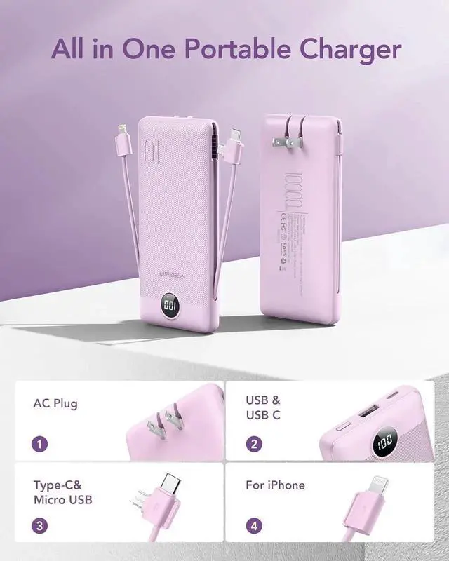 Alt view image 6 of 7 - JAENFONG Portable Charger for iPhone Built in Cables and Wall Plug 10000mah Slim Fast Charging USB C Power Bank Travel Essential Battery Pack Compatible with iPhones iPad More Devices(Purple)