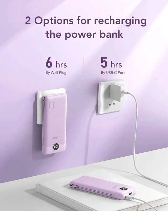 Alt view image 2 of 7 - JAENFONG Portable Charger for iPhone Built in Cables and Wall Plug 10000mah Slim Fast Charging USB C Power Bank Travel Essential Battery Pack Compatible with iPhones iPad More Devices(Purple)