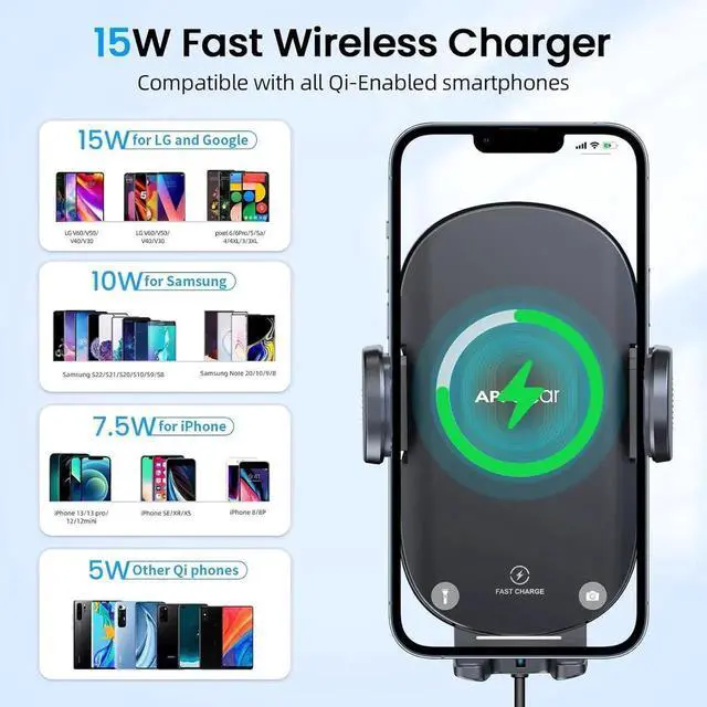 Alt view image 6 of 7 - Car Cup Phone Holder Wireless Charger with QC 3.0 Adapter 15 Watt Qi Fast Charging Compatible with iPhone 11/12/13/14/15/16/Pro/Max/Plus and Universal All Models Phone Holder
